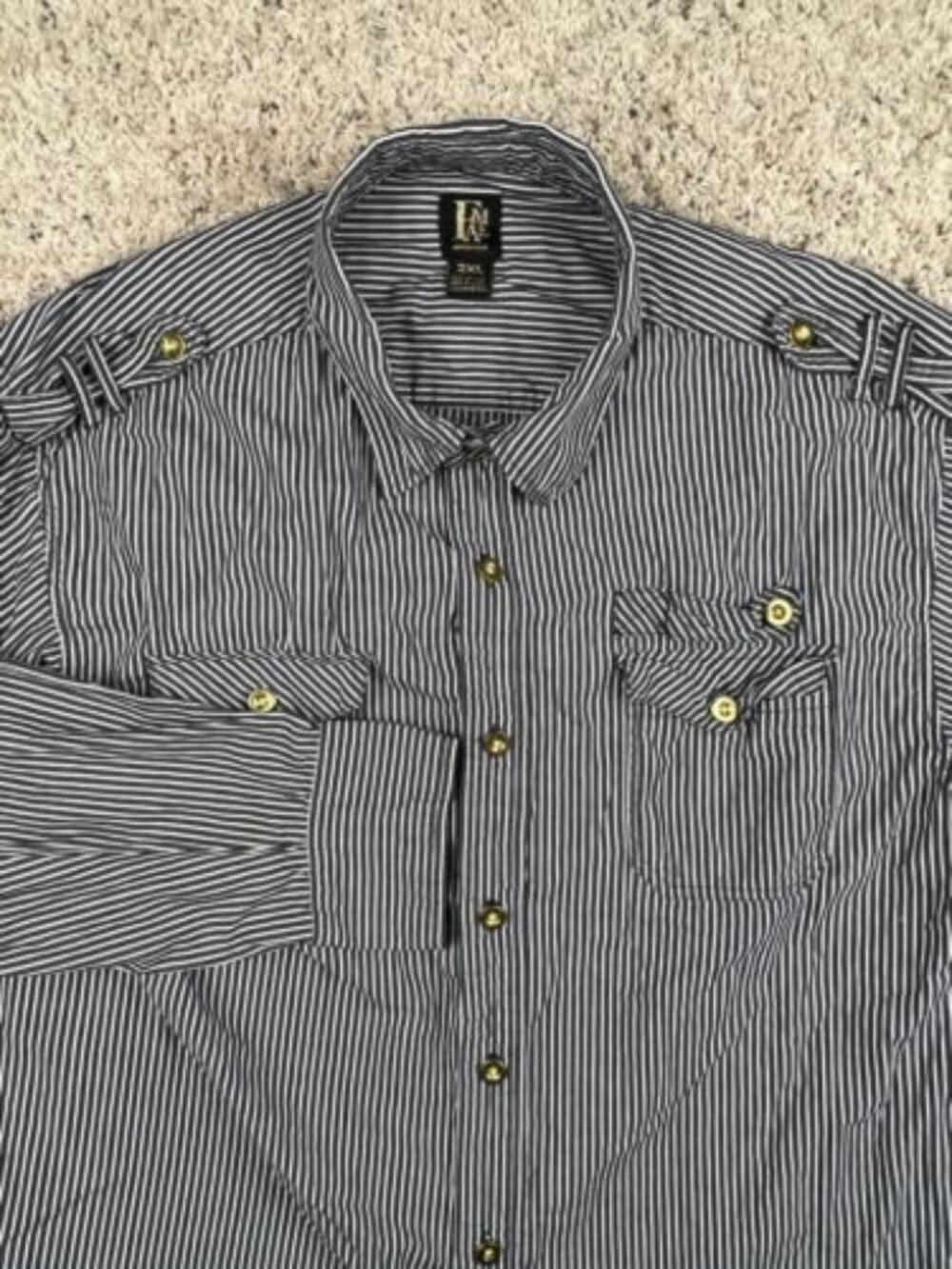 FAME Long Sleeve Button Up Shirt Sz 2XL Gray White Striped Men’s Cotton Gold